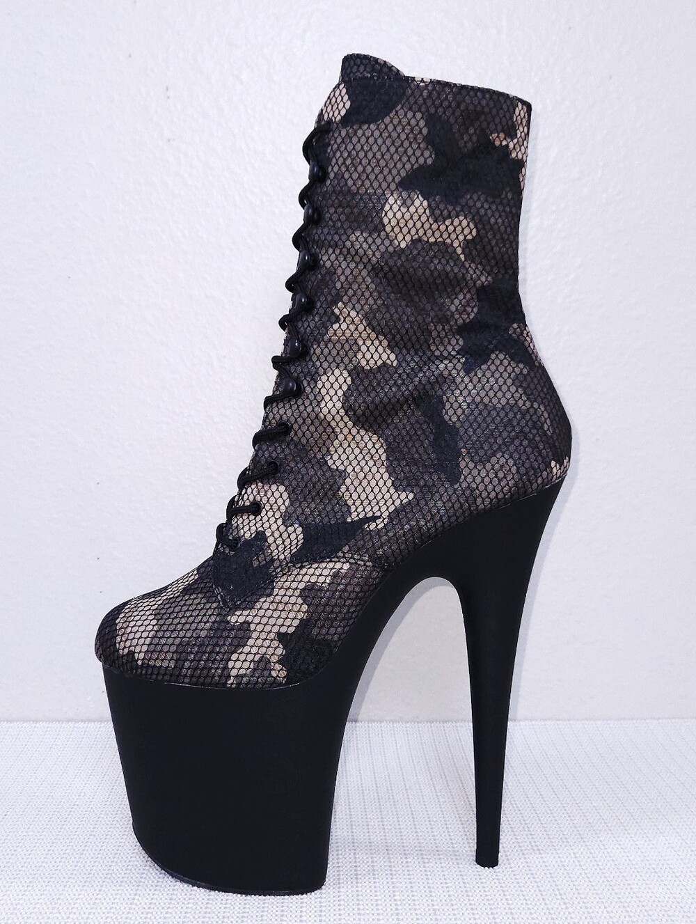 PLEASER Flamingo Platform Stiletto Heeled Boots US 12 Camo Mesh Lace-Up Zip